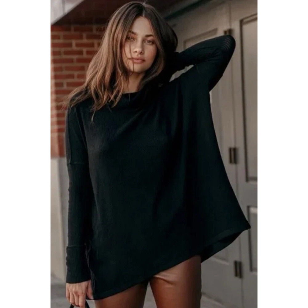 New Free People Black Open Back  Juicy Long Sleeve‎ Thermal Cowl Neck Top Medium